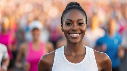 Proud Black Woman Celebrating Her Marathon Journey with Joy, Joyful African woman embraces victory concept.