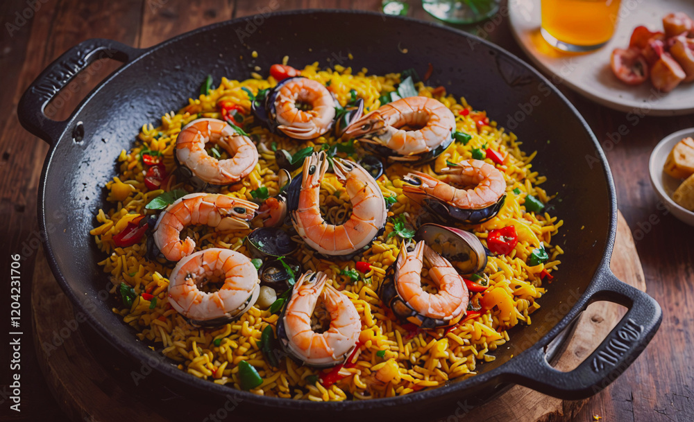 Poster a plate of shrimp and rice is served in a black pan. the shrimp are arranged in a circular pattern, 