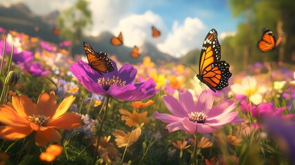 Monarch Butterflies Flutter Among Vibrant Spring Flowers