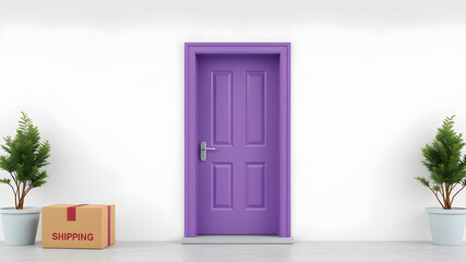 3d purple door with shipping box outside on white background. Generative AI