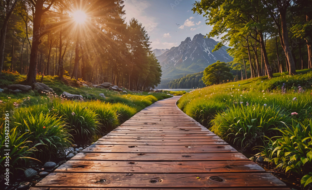 Poster a wooden path leads through a lush green forest. the sun is shining brightly, casting a warm glow on