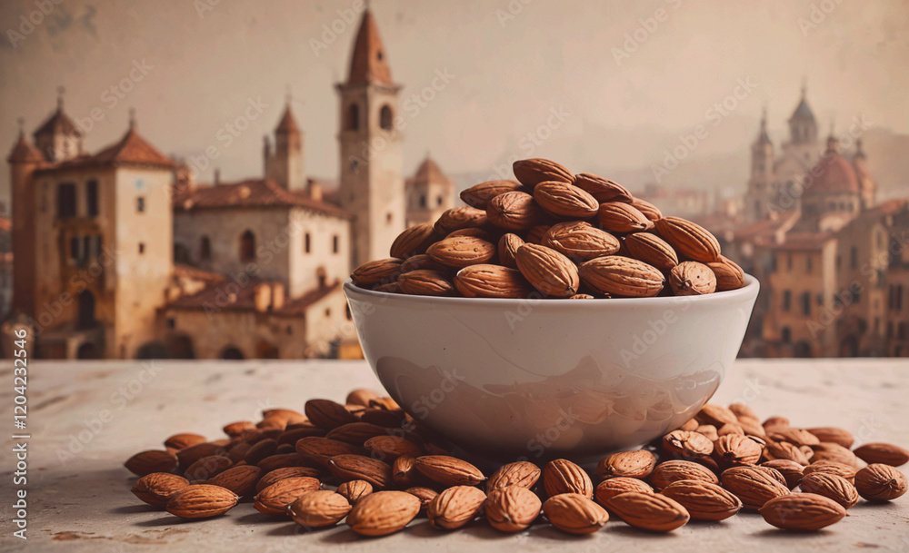 Poster a bowl of almonds is on a table in front of a city. the bowl is full of almonds and the city is in t