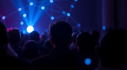 Crowd watching a vibrant stage light show.