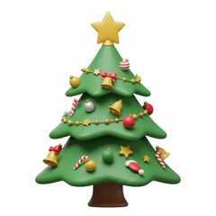 A 3D illustration of a green Christmas tree decorated with colorful ornaments and topped with a yellow star, isolated on a white background