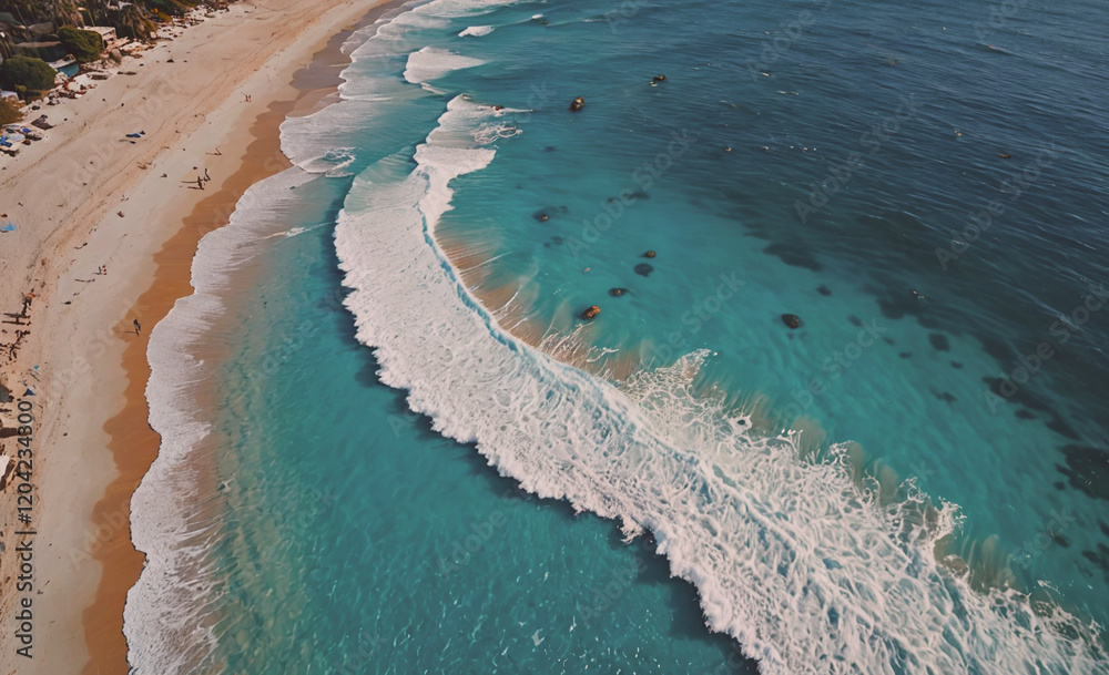 Aufkleber the ocean is calm and blue with a few white waves. the beach is crowded with people enjoying the day