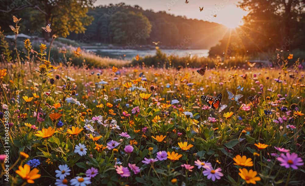 Aufkleber a field of flowers with butterflies flying around. the sun is shining brightly, creating a warm and 