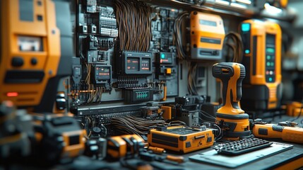Fototapeta premium Futuristic workshop; orange tools, complex circuitry.