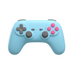 A 3D illustration of a pastel blue game controller with yellow and pink buttons isolated on a white background