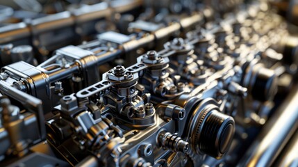 Fototapeta premium An ultra-realistic 3D close-up of a car engine's camshaft, exhaust manifold, and fuel injectors, highlighting the intricate metal details and textures.