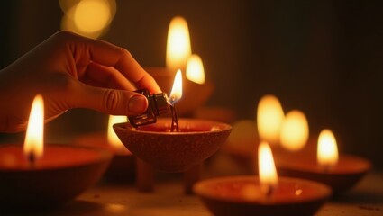 Close-up perfumed oil lamps being filled and readied for lighting Smiling Middle Eastern family lighting candles for Diwali
