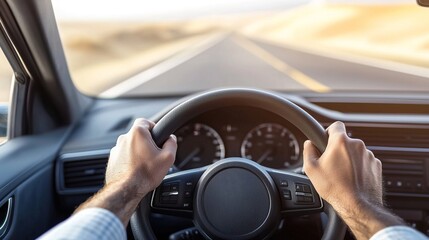 Fototapeta premium Driver's Hands on Steering Wheel Capturing Dynamic Road Ahead, Hands steady on the wheels curve concept.
