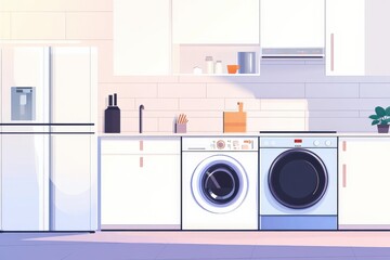 Modern kitchen interior featuring stylish washing machine, dryer, and sleek refrigerator with organized storage and minimalist design for contemporary living spaces