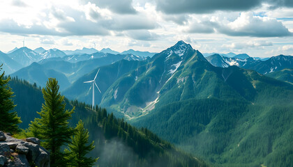 Obraz premium Wind Turbine amidst Majestic Mountain Peaks and Lush Green Valleys