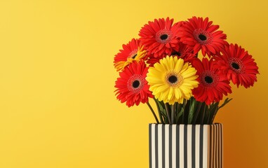 A cheerful bouquet of red and yellow gerbera daisies paired with a striped gift box, placed on a sunny yellow background for Valentines Day and 8 March
