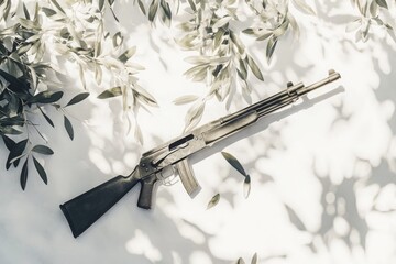 A rifle surrounded by olive branches on a bright surface, symbolizing the contrast between war and peace, conflict and harmony