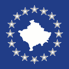 Kosovo Flag: Simple blue design with six yellow stars and a map of Kosovo.
