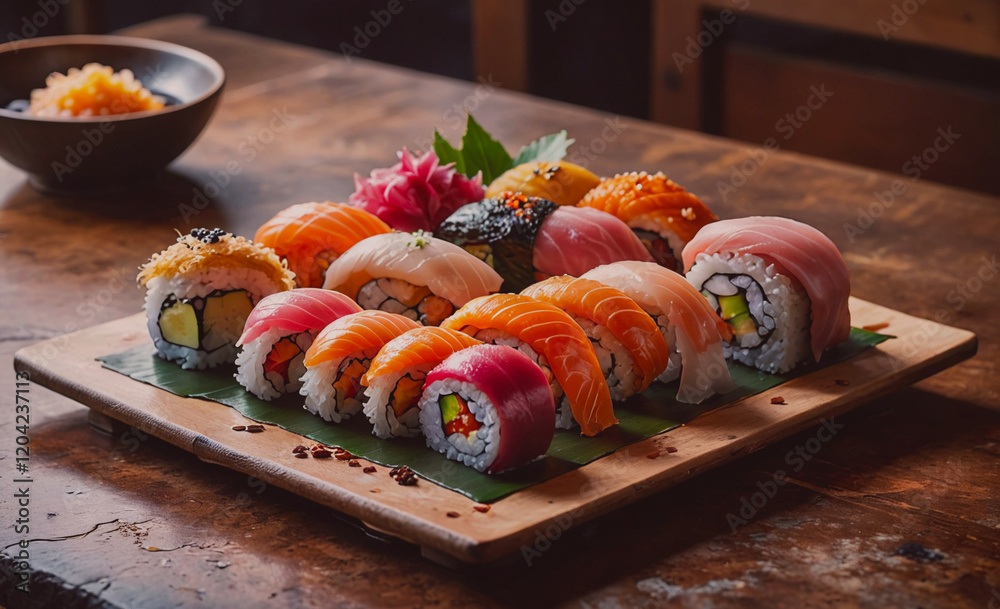 Aufkleber A plate of assorted sushi rolls on a wooden table. The sushi is colorful and arranged in a visually appealing manner