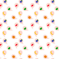 A seamless pattern featuring pastel speech bubbles with colorful fruit icons, including apples, bananas, strawberries, blueberries, and oranges. Perfect for food-related designs, healthy lifestyle con