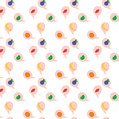 A seamless pattern featuring pastel speech bubbles with colorful fruit icons, including apples, bananas, strawberries, blueberries, and oranges. Perfect for food-related designs, healthy lifestyle con