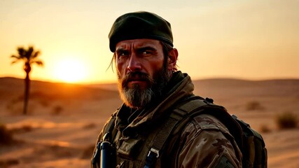 Medium shot of a mature male soldier with a beard and beret in a desert landscape at sunset, suitable for military and survival themes