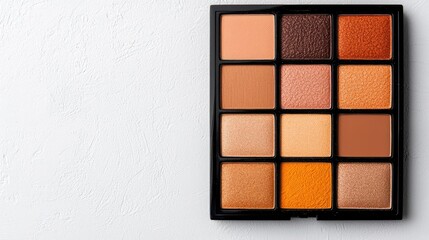 Fototapeta premium Eyeshadow palette, autumnal shades, makeup, beauty, flatlay, white background, cosmetic product photography