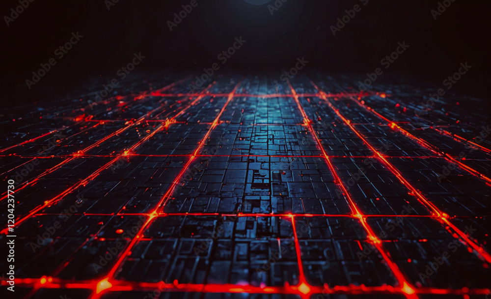 Poster A black and red background with red lines and dots. The image has a futuristic and industrial feel to it