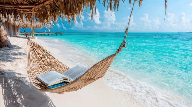 Tropical beach hammock book relaxation ocean vacation