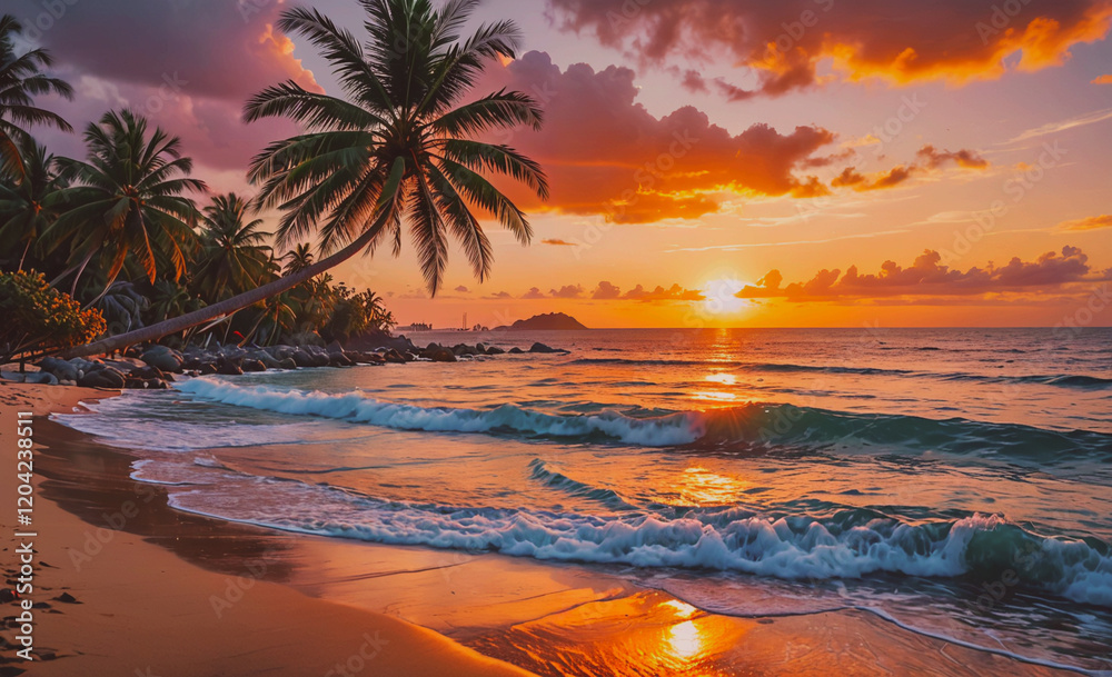 Aufkleber a beautiful sunset over the ocean with palm trees in the background. the sky is filled with clouds a