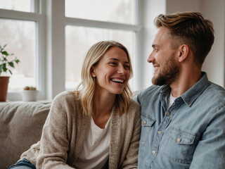 Happy couple sitting together at home with natural light and cozy atmosphere