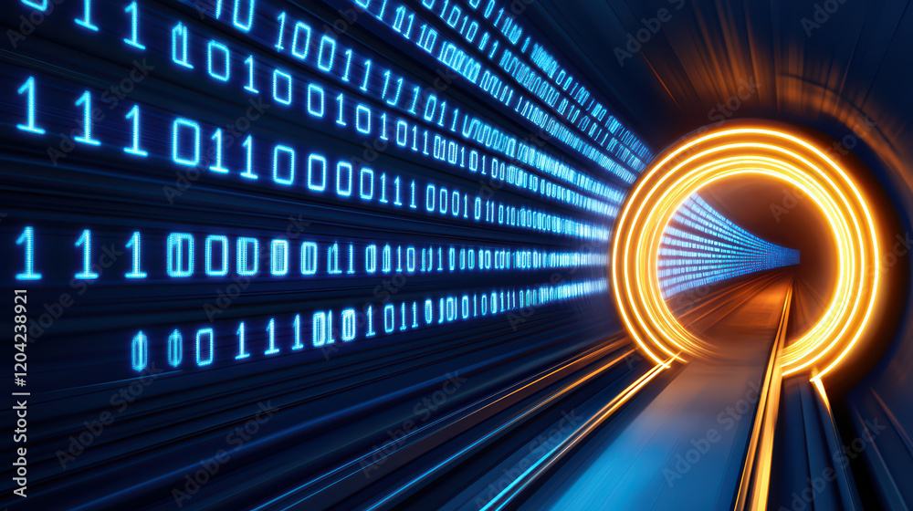Poster digital tunnel with binary code and glowing circles