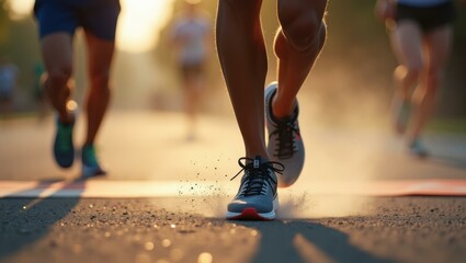 Runner's running shoes bearing marks of dust from long challenging race Smiling Black runner crossing the finish line at a marathon