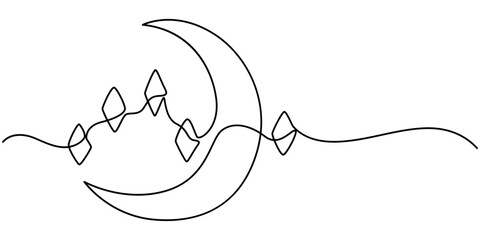 Lantern hanging at crescent moon with ramadan kareem handwritten inscription in One line drawing, One continuous line drawing of islamic ornament with lantern, star, half moon and cloudy sky isolated.