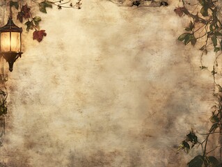 Antique Lantern with Autumn Leaves on Aged Wall
