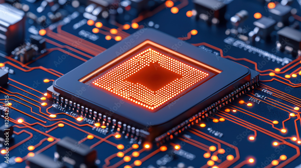 Poster high tech computer chip on circuit board with glowing features