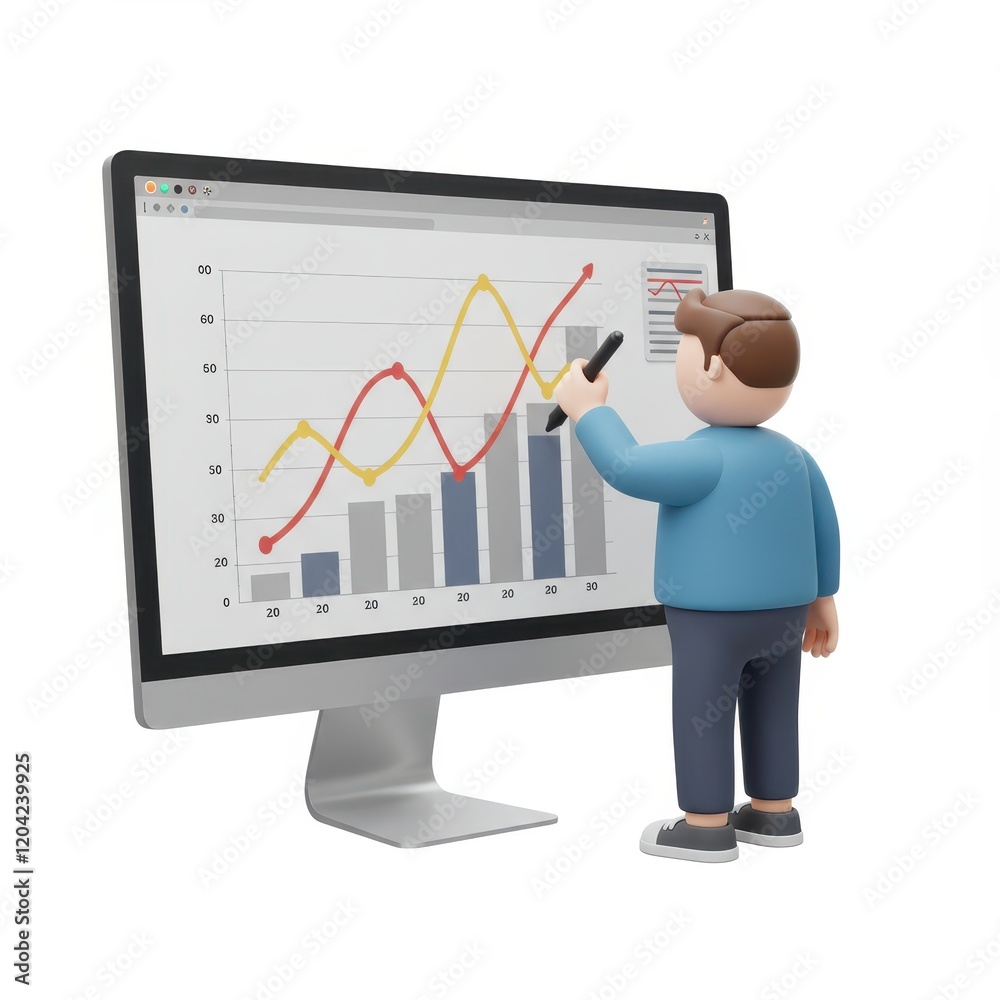 Poster a 3d illustration of a person interacting with a graph on a large computer screen isolated on a whit