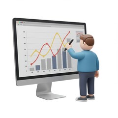 A 3D illustration of a person interacting with a graph on a large computer screen isolated on a white background.