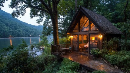 Lakeside Cabin Retreat, Mountain View, Evening Tranquility, Vacation Getaway