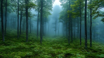 Naklejka premium Misty forest path, green foliage, tranquil scene, nature background, perfect for travel brochures