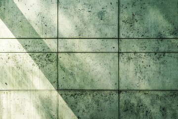 A textured green concrete wall with distinct tiles and diagonal sunlight.