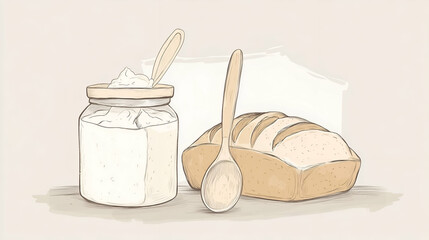 continuous line illustration of a fresh sourdough loaf, a butter knife, and a small bowl.