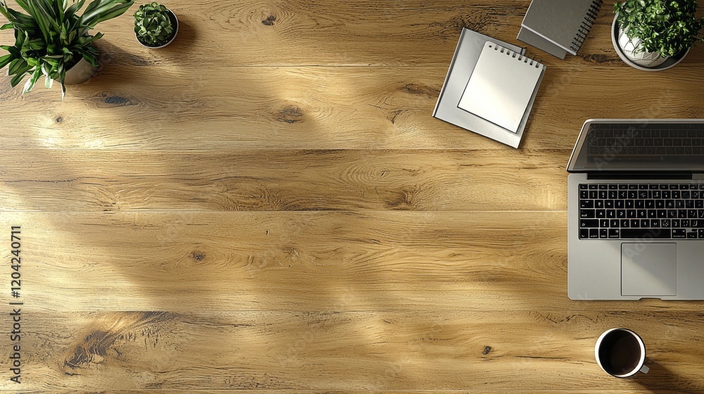 Poster a modern desk layout featuring a sleek laptop surrounded by lush plants and a notepad. this setup, b