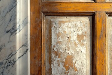 Close-up of aged, weathered wooden door frame with peeling paint next to marble.