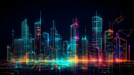 futuristic city skyline with fragmented digital effects and glitch patterns. Neon lights in vibrant colors.