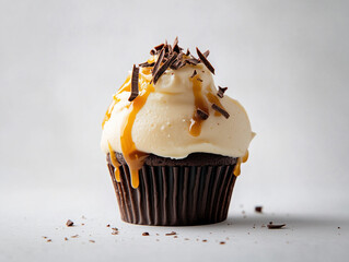 Decadent Chocolate Cupcake with Creamy Frosting and Caramel Drizzle on White Background