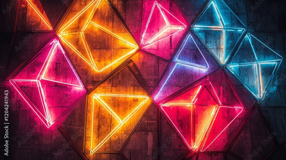Poster Colorful geometric neon lights illuminate a dimly lit wall, casting mesmerizing patterns. Various shapes create a dynamic and playful atmosphere in this vibrant urban landscape