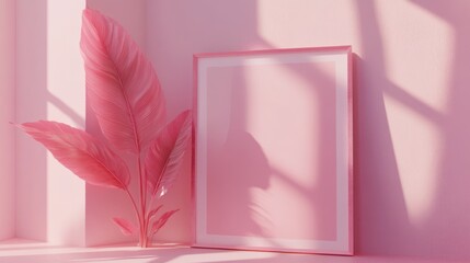 Pink Minimalist Still Life:  Empty Frame and  Pastel Plant in a Sunlit Room