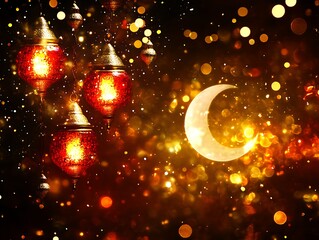 Obraz premium Festive Ramadan Lanterns Glow Under Crescent Moon