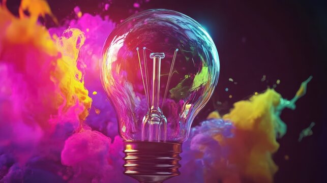 Creative light bulb explodes with colorful paint and colors on dark background. Color splash in bulb with colorful background. New idea, brainstorming concept. Generative AI