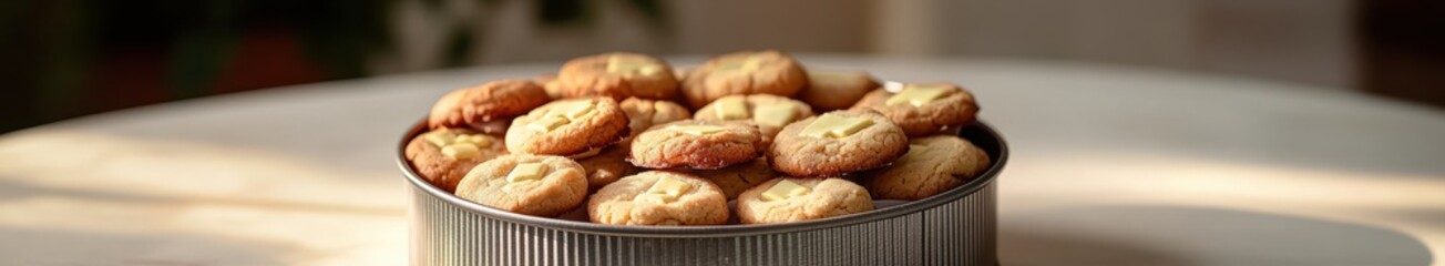 Fototapeta premium Delicious homemade cookies in a tin with sunlit background for cozy baking inspiration