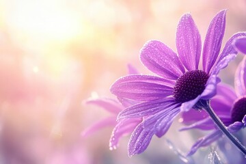 Obraz premium Delicate purple flowers glistening with morning dew, bathed in soft sunlight.